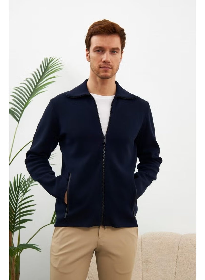 Odelon Men's Waterproof Zippered Cotton Knitwear Cardigan Navy Blue HRK201 - Image 1